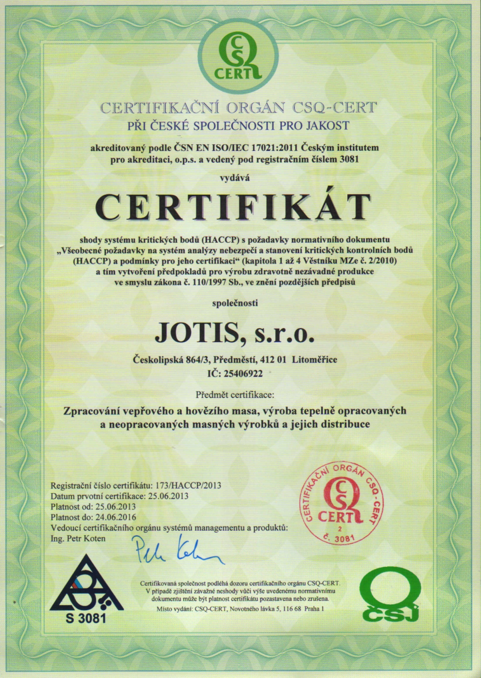 Certifikát JOTIS